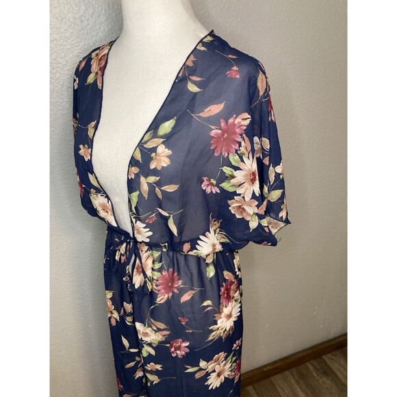 Duster Cardigan S Long Open Front Short Sleeve Floral Sheer Boho Coverup Ties - Picture 6 of 8